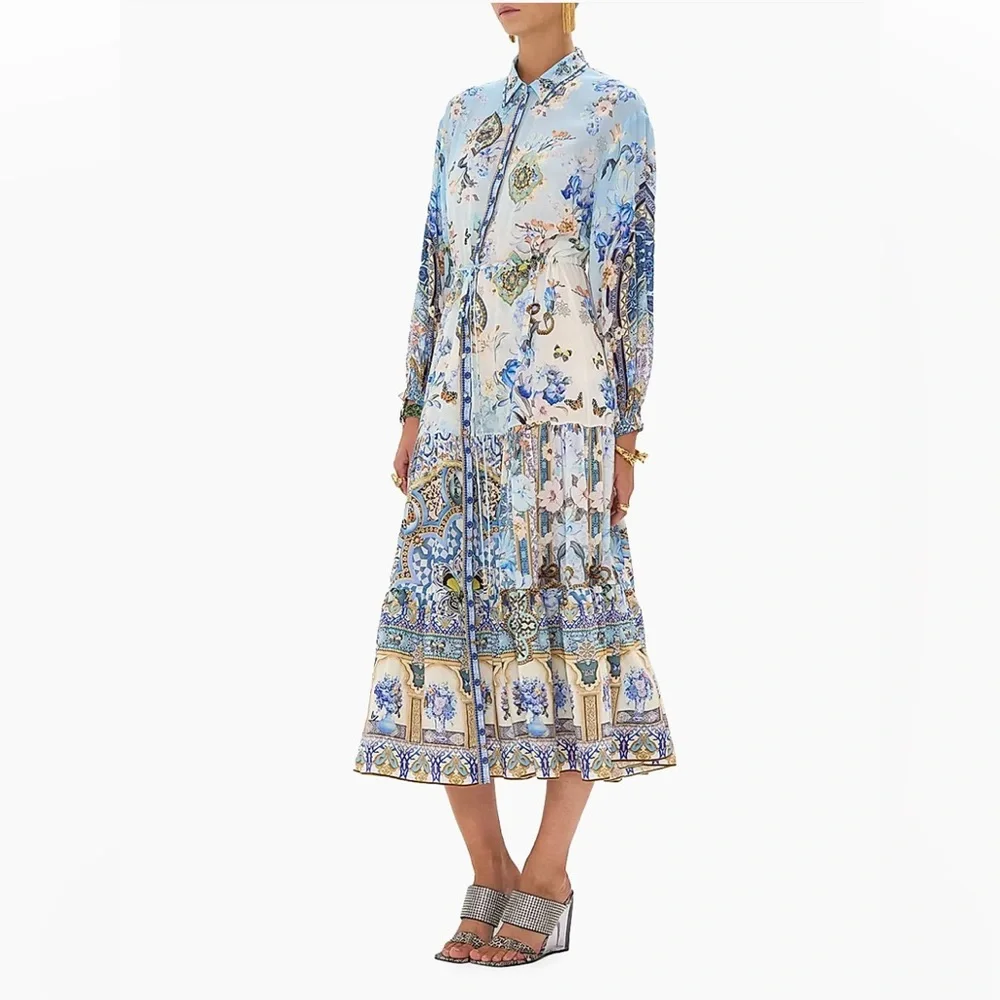 NWT Camilla Floral Silk Tiered Midi Shirtdress Size XS crystals blue - Picture 11 of 15